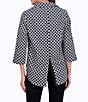 Color:Black/White - Image 2 - Therese Diamond Grid Cotton Sateen Point Collar 3/4 Sleeve Button Back Detail Popover Top