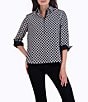 Color:Black/White - Image 3 - Therese Diamond Grid Cotton Sateen Point Collar 3/4 Sleeve Button Back Detail Popover Top