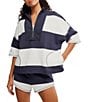 Free People FP Movement Retro Rugby Stripe Pattern Quarter Zip Short Sleeve Short Set, Color:Midnight Navy Combo - Image 1