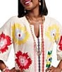FRANCES VALENTINE Charming Fireflower Print Split U-Neck Short Sleeve Caftan Maxi Dress, Color:Oyster/Multi - Image 4
