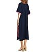 FRANCES VALENTINE Charming Peacock Embroidery Split V-Neck 3/4 Sleeve Caftan Maxi Dress, Color:Navy Multi - Image 4
