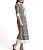 FRANCES VALENTINE Cotton Poplin Loop Geometric Print Point Collar 3/4 Sleeve Midi Dress - Image 3