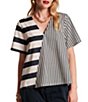 FRANCES VALENTINE Schooner Mixed Stripe Poplin V-Neck Short Sleeve Top - Image 1