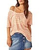 Color:Grapefruit Seltzer - Image 1 - All I Need Stripe Print V-Neck Short Sleeve Linen Blend Tee Shirt