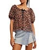 Free People Astra Peasant Floral Print Scoop Neck Short Puffed Sleeve Knit Top, Color:Black Combo - Image 1