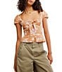 Free People Call Me Baby Floral Printed Sweetheart Neck Short Sleeve Blouse, Color:Meerkat Combo- Daisy - Image 1