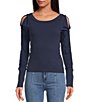 Color:Overboard - Image 1 - Daisy Knit Round Neck Braid Trim Detail Long Sleeve Cut-Out Shoulder Top