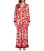 Free People Dreamy Days Allover Printed Satin Notch Collar Long Sleeve Wide Leg Oversized Pajama Set, Color:Flame Red - Image 1