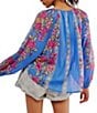 Color:Sapphire Combo - Image 2 - Elena Floral Print Drawstring Round Neck Long Sleeve Top