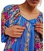 Color:Sapphire Combo - Image 3 - Elena Floral Print Drawstring Round Neck Long Sleeve Top