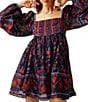 Color:Midnight Combo - Image 1 - Endless Afternoon Floral Print Square Neck Smocked Back Long Balloon Sleeve Empire Waist Mini Dress