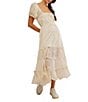 Free People Falling Sun Square Neck Short Puff Sleeve Tiered Midi Dress, Color:Tea - Image 1