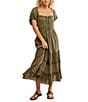 Free People Falling Sun Square Neck Short Puff Sleeve Tiered Midi Dress, Color:Crystal Kelp - Image 1