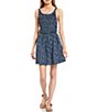 Color:Blue Combo - Image 1 - Floral Print Texture Piecing Front Scoop Neck Criss Cross Back Detail Sleeveless A-Line Mini Dress