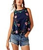 Color:Cobalt Combo - Image 1 - Fun And Flirty Floral Embroidery Boat Neck Sleeveless Top