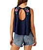 Color:Cobalt Combo - Image 2 - Fun And Flirty Floral Embroidery Boat Neck Sleeveless Top