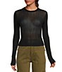 Color:Black - Image 1 - H20 Crew Neck Sheer Long Sleeve Pullover Cropped Top