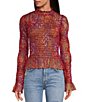 Color:Maroon Combo - Image 1 - Hello There Floral Print Semi Sheer Mock Neck Long Bell Sleeve Smocked Flutter Hem Top