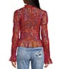 Color:Maroon Combo - Image 2 - Hello There Floral Print Semi Sheer Mock Neck Long Bell Sleeve Smocked Flutter Hem Top