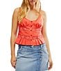 Color:Radiant Watermelon - Image 1 - Kianna Embroidered Lace Scoop Neck Sleeveless Ruffle Trim Cropped Button Front Tank Top