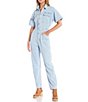 Color:Clear Skies - Image 1 - Marci Point Collar Button Front Short Drop Shoulder Overall Utility Flight Suit