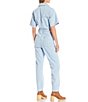 Color:Clear Skies - Image 2 - Marci Point Collar Button Front Short Drop Shoulder Overall Utility Flight Suit