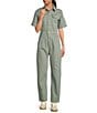 Color:Washed Army - Image 1 - Marci Point Collar Button Front Short Drop Shoulder Overall Utility Flight Suit