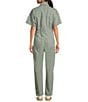 Color:Washed Army - Image 2 - Marci Point Collar Button Front Short Drop Shoulder Overall Utility Flight Suit