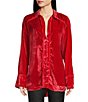 Color:Fiery Red - Image 1 - Marianne Velvet Point Collar Long Sleeve Button Front Top