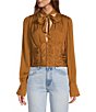 Color:Amber - Image 1 - Meet Me There Woven V-Neck Long Sleeve Smocked Back Button Front Ruched Top