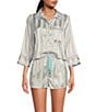 Color:Ivory Combo - Image 1 - Pillow Talk Floral Stripe Printed Button Front 3/4 Sleeve Satin Pajama Set