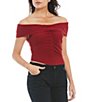 Color:Stolen Kiss - Image 1 - This Cutie Ribbed Knit Folded Off-the-Shoulder Cap Sleeve Cinched Top