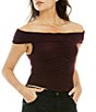 Color:Black Raisin - Image 1 - This Cutie Ribbed Knit Folded Off-the-Shoulder Cap Sleeve Cinched Top