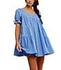 Free People Sandy Shores Scoop Neck Short Puff Sleeve Tiered Babydoll Mini Dress, Color:Cornflower Blue - Image 1
