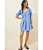 Free People Sandy Shores Scoop Neck Short Puff Sleeve Tiered Babydoll Mini Dress, Color:Cornflower Blue - Image 5