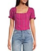 Color:Raspberry - Image 1 - Seatonin Corset Square Neck Short Puff Sleeve Stripe Cotton Smocked Tie Back Detail Top