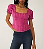 Color:Raspberry - Image 4 - Seatonin Corset Square Neck Short Puff Sleeve Stripe Cotton Smocked Tie Back Detail Top