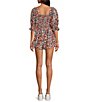 Color:Navy Combo - Image 2 - Show Me Love Floral Print Square Neck 3/4 Puff Sleeve Ruched Tie Front Romper
