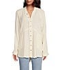 Color:Ivory - Image 1 - Summer Daydream Long Sleeve Button Front V-Neck Raw High-Low Hem Oversized Top