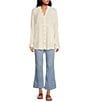 Color:Ivory - Image 3 - Summer Daydream Long Sleeve Button Front V-Neck Raw High-Low Hem Oversized Top