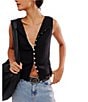 Free People Tilly Ribbed Knit Crew Neck Sleeveless Fitted Vest, Color:Black - Image 1