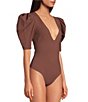 Color:Java - Image 4 - Va Va Voop Knit Deep V-Neck Short Ruched Puffed Sleeve Bodysuit