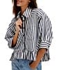 Free People We The Free Bailey Stripe Print Point Collar 3/4 Sleeve Ruffle High-Low Hem Button Front Blouse, Color:Nautical Navy Combo - Image 1