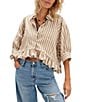 Free People We The Free Bailey Stripe Print Point Collar 3/4 Sleeve Ruffle High-Low Hem Button Front Blouse, Color:Neutral Combo - Image 1