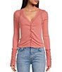 Color:Rose Smoke - Image 1 - Wear Me Out Knit Lace Inset Detail V-Neck Long Sleeve Front Ruched Top