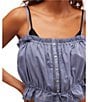 Color:Faded Denim - Image 4 - Wistful Daydream Strapless Neck Sleeveless Removable Strap Tie Front Detail Lace Trim Button Front Top