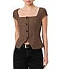 French Connection Diana Textured Gingham Print Square Neck Short Sleeve Button Front Top - Image 1