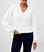 Color:Winter White - Image 1 - Mozart Point Collared V-Neck Long Balloon Sleeve Relaxed Sweater