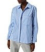Color:White/Blue - Image 1 - Stripe Print V-Neck Point Collar Long Sleeve Pop Over Oversized Shirt