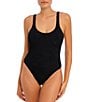 Color:Black - Image 1 - Ibiza Waves Scrunch Embossed Scoop Neck Cut-Out Underwire Extended Bra Size One Piece Swimsuit